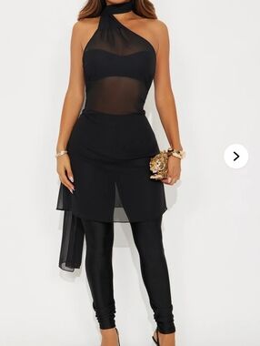 Fashion Nova Black Sheer Halter Asymmetric 3-peice Pants Set